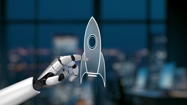A robotic hand gestures towards a digital rocket icon, symbolizing innovation and progress in technology and space exploration, set in a modern office environment. Synapse