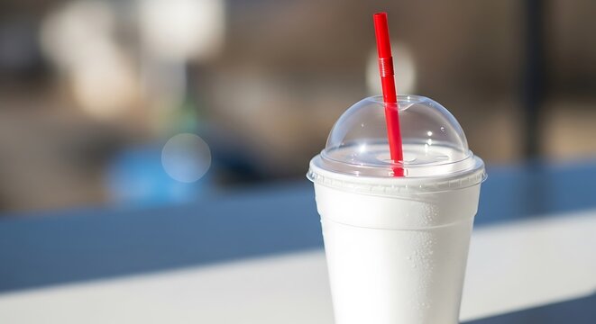A refreshing white styrofoam cup filled with a cold beverage and a bright red straw on a table. polystyrene cup