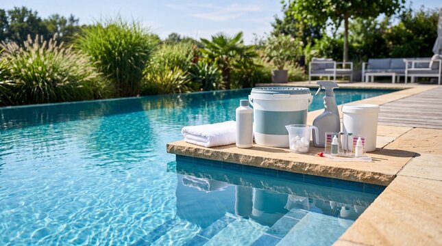 Pool cleaning supplies on poolside with chlorine, test kit, spray bottle and towel. Backyard swimming pool water care, sanitation and summer home maintenance concept.