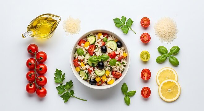 A vibrant top view of a fresh garden salad served in a bowl surrounded by raw ingredients on white. salade de riz