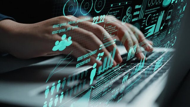 Explore the intersection of technology and communication in this visually stunning image showcasing hands working on a laptop amidst dynamic data visualizations and network concepts. Cipher