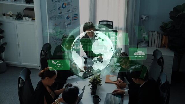 A corporate meeting showcasing sustainability efforts with digital graphics representing eco-friendly solutions and innovative ideas in a modern workspace setting. Raster