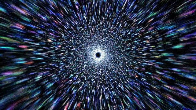 Abstract colorful particle tunnel zooming forward, motion graphic