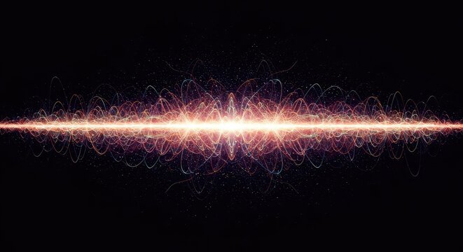 Abstract visualization of subatomic energy dynamics, showing synchronized waves and complex vibrational frequency patterns, geometric, cosmic, background