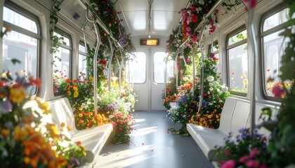 Obraz premium Enchanting Train Carriage Transformed into a Floral Wonderland.