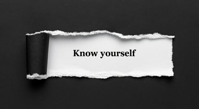 Close-up shot of piece of torn paper with words 'Know Yourself' revealed against dark backdrop, emphasizing self-awareness and introspection.
