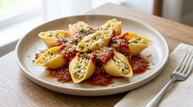 Tofu ricotta stuffed shells served on a plate with tomato sauce  