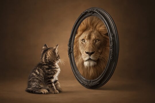 Small tabby kitten sits in front of oval mirror seeing powerful lion reflecting back, symbolizing self-perception, courage, and hidden strength.