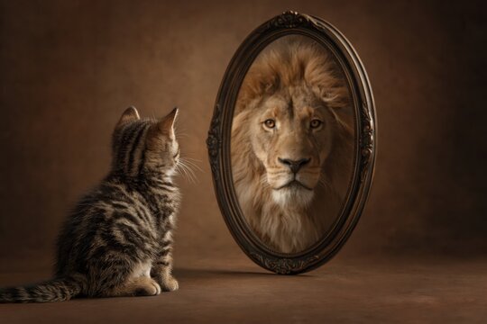 Small tabby kitten sits in front of oval mirror, seeing reflection of fierce lion instead of itself, symbolizing hidden strength and self-perception.