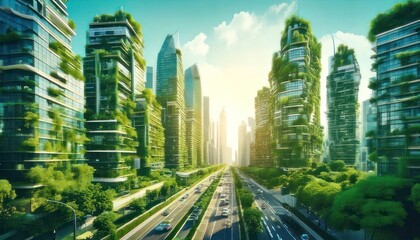 Fototapeta premium Eco-Friendly Urban Landscape - Sustainable City with Green Buildings and Nature.