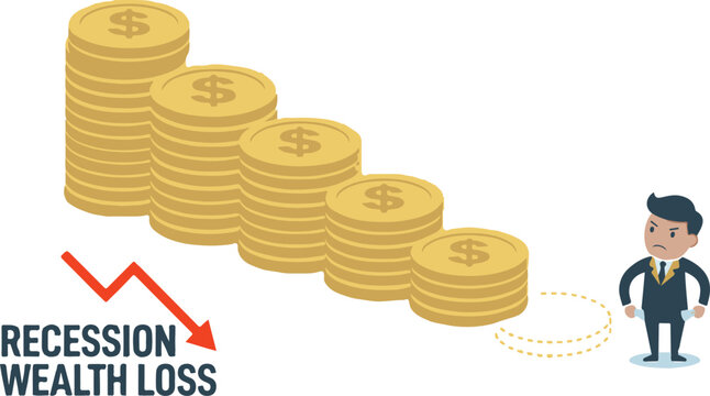 Recession Wealth Loss with Declining Coin Stacks and Worried Man