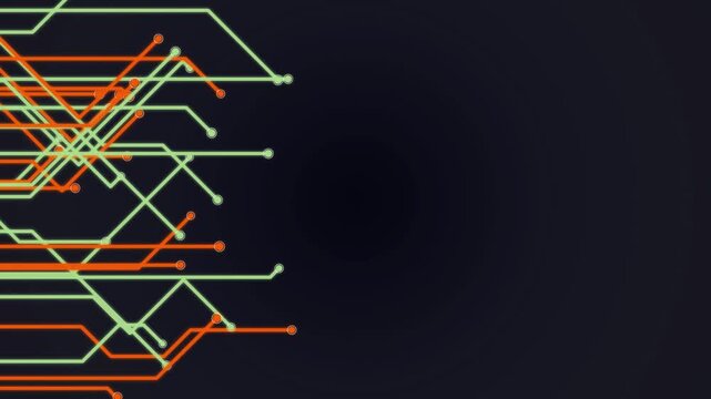 Professional 4K Ultra HD motion graphics background featuring neon orange and green cyber circuit lines spawning from the left. Perfect for tech, gaming, and futuristic digital presentations.