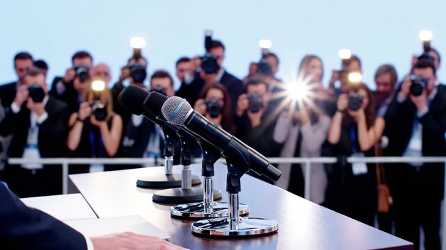 This is a recording of a press conference with multiple microphones set up on a table, surrounded by a crowd of photographers and journalists in a brightly lit room.