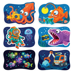 Fototapeta premium Collection Of 6 Exaggerated Cartoon Stickers Flat Vector Art Depicting World Oceans Day Beach Cleanup Volunteer Collecting Plastic Waste Turtle Rescue Clean Coast On White Background