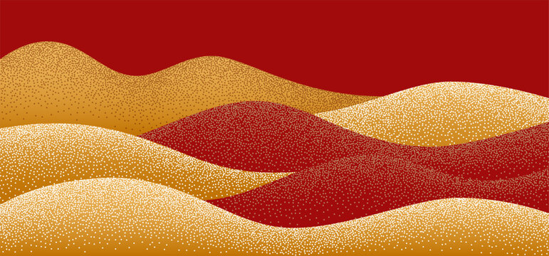 Chinese Mountain Line Abstract Texture. Luxury Japanese Pattern. Gold Sparkling Wave Hills Pattern. Abstract Vector Golden Sea and Mountain Background. Oriental New Year Grain Bg. CNY Art with Shiny H