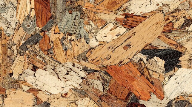 Matte natural OSB oriented strand board texture background, elongated light brown tan wood flakes mosaic, irregular multidirectional grain pattern, raw engineered wood continuous sheet surface