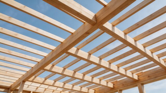 A wooden roof structure under construction with beams and joists exposed against a clear blue sky, showcasing the frame of a building in progress.