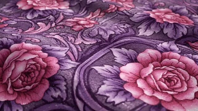 Closeup of a luxurious floral fabric with pink roses and purple accents.