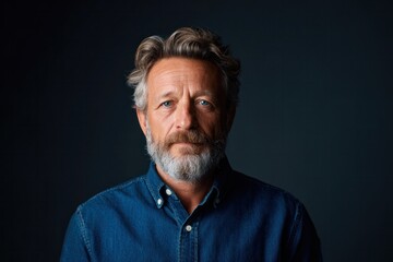 Obraz premium Contemplative Man: A close-up portrait of a thoughtful, middle-aged man with graying hair and a beard, set against a dark backdrop. The image conveys a sense of introspection and maturity.