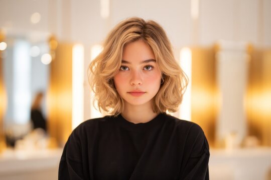 Captivating Portrait of a Young Woman: A close-up shot of a young woman's face, displaying striking features and expressive eyes. Her gaze directly engages the viewer.