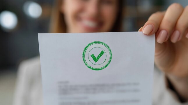 Approval and compliance concept woman holding document with green check mark stamp representing quality assurance