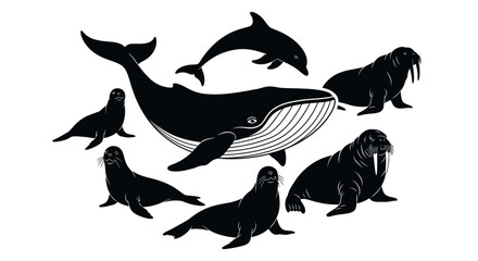 Black silhouettes of marine mammals group. © mukti
