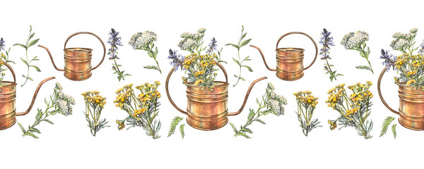 Watercolor seamless border with bouquet yarrow and lungwort and clover in teapot or watering can on white background. Flower milfoil for wedding invite. Summer or spring hand-drawn rim for wrapping © NatashaKun