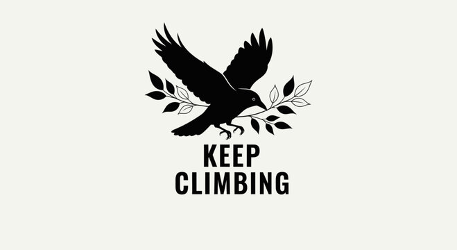 Black bird with olive branch and keep climbing text vector logo