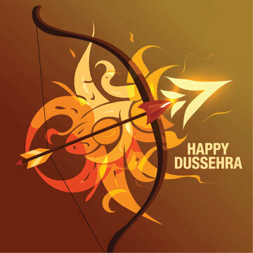 Bow and arrow with flaming sun for Dussehra festival celebration on a gradient background