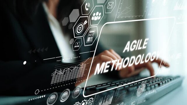 Businesswoman Using Agile Methodology Concept with Digital Technology Interface for Project Management Success. Asymptotic smart data analytic.