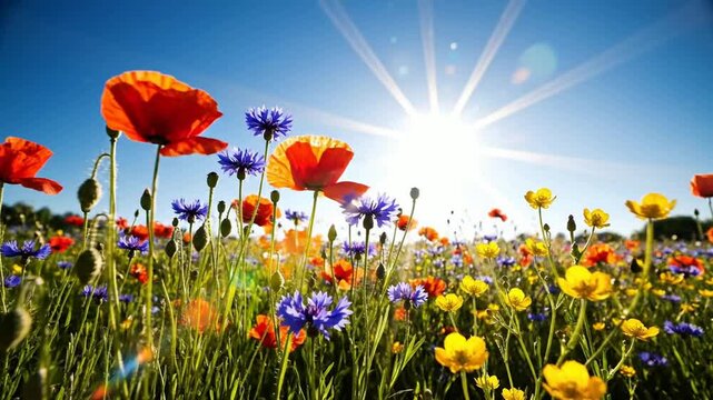 Vibrant wildflower meadow in summer sunlight, low angle view of red poppies and blue cornflowers png. ai generated