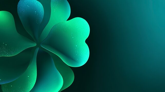 Green Clover with Dew Drops: A close-up of a vibrant green clover, its four-leafed petals glistening with tiny dew drops, set against a dark, moody background.