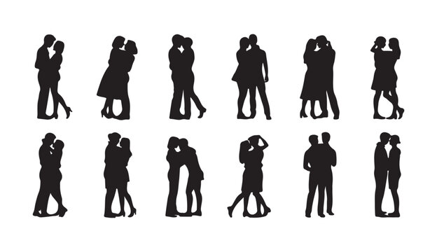 Multiple couple silhouettes embracing kissing dancing relationship love affection romance passion togetherness.