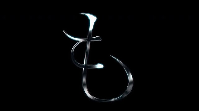 Silver metallic Japanese Hiragana "も". Alpha channel. Serif font. seamless loop video