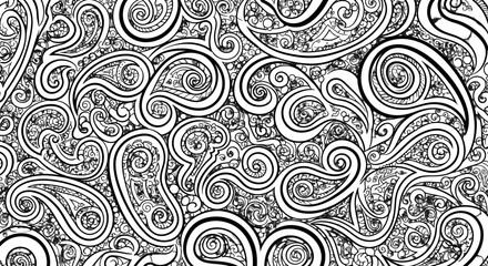 Seamless black and white ornamental border with stylized lotus flowers and intricate swirling floral patterns, decorative line art design. © Clairo
