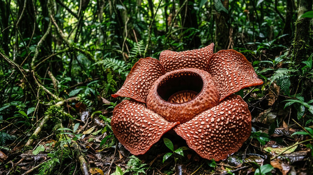 Gigantic blooming Rafflesia Arnoldii red flower in tropical rainforest