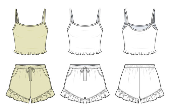 Ruffle Hem Camisole and Shorts Set Technical Fashion Illustration. Women Two Piece Loungewear Vector Template. Sleeveless Strap Top and Drawstring Shorts CAD Mockup Front Back View