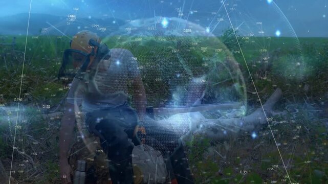 Agriculture worker resting then reaching for thermos, adjusting helmet while translucent HUD pulses