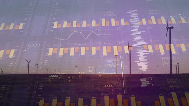 Left bar group appearing, charts growing, repeating, sweeping over turbine row, showing energy data
