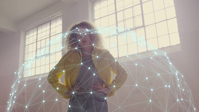Woman posing in loft digital mesh appearing rising into dome wrapping upper body pulsing tech nodes