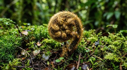 Obraz premium Macro shot of golden furry fern fiddlehead unfurling on forest floor