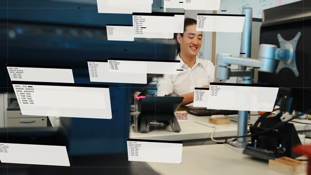 Male office admin tapping tablet causing UI panels floating stacking in text blocks checking status