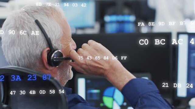Vertical video: Tech operator adjusting headset monitoring charts and smiling under code overlay