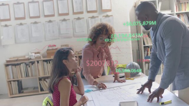 Designers leaning over plans middle woman pointing causing metric charts overlaying checking budget