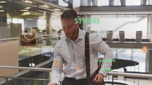 Man on mezz rail tapping phone bringing up finance HUD $199