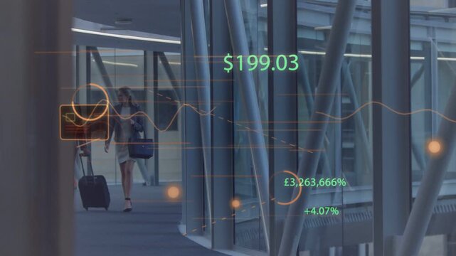 Male entering pulling suitcase, causing HUD overlay, female walking ahead updating finance data