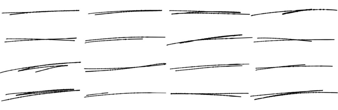 手書きのアンダーラインセット 黒ペンで描いた横長な二重線と三本線のあしらい素材
