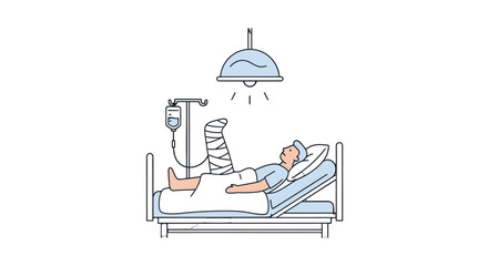 Naklejka premium Injured Man with IV Drip and Leg Cast Lying in Hospital Bed, Medical Care isolated white background.