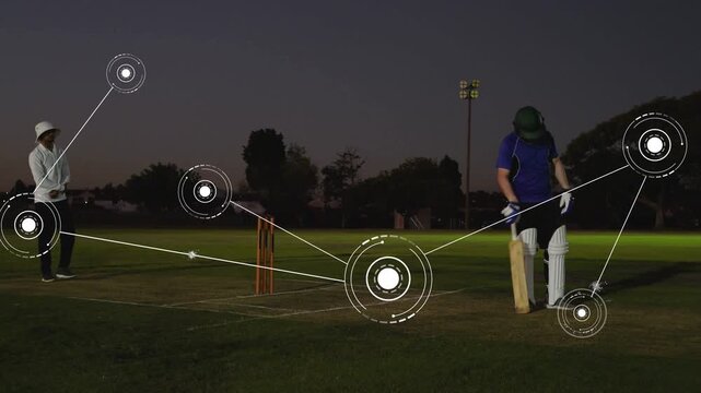 Bowler bowling, batsmen adjusting helmet walking crease dusk HUD tracking players cricket analysis