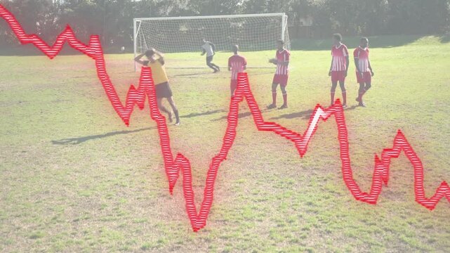 Soccer kicker taking set kick starting wall and GK leaping, saving goal red zigzag overlay sweeping
